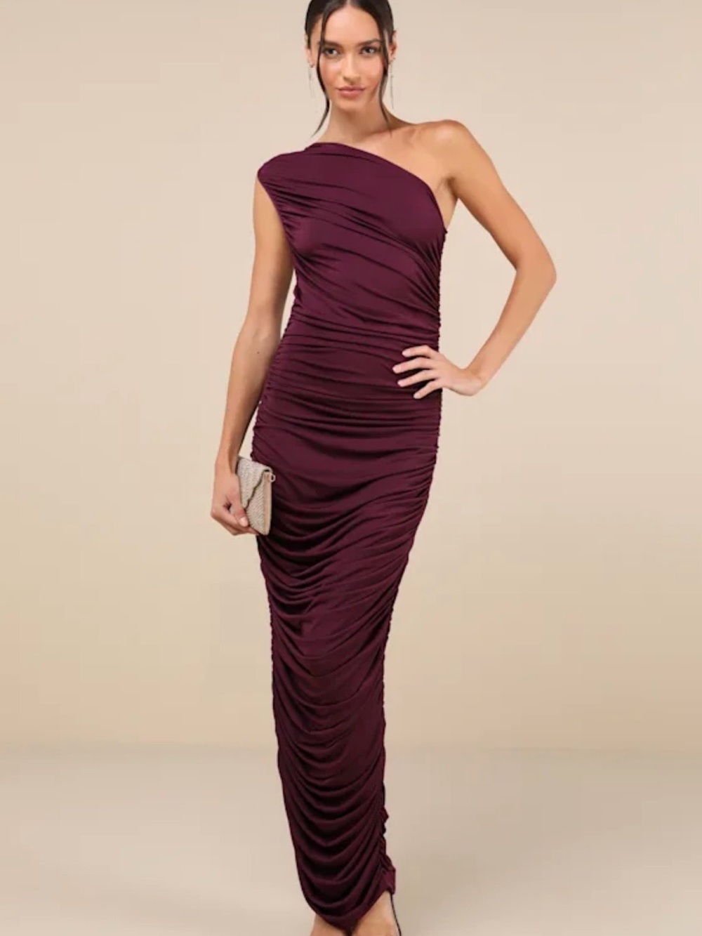 Lulu's One-Shoulder Ruched Maxi Dress in Plum